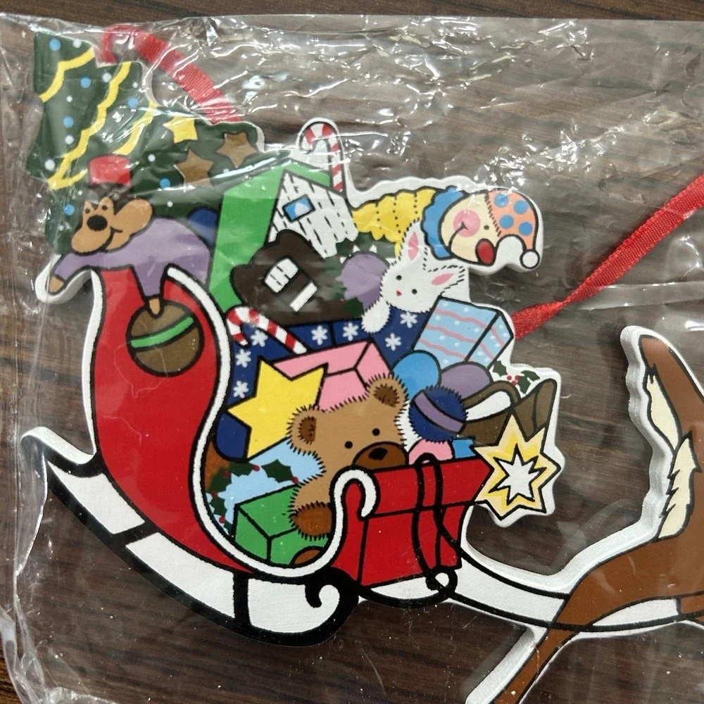 Vintage Kurt Adler Wood Christmas Ornament Rudolph Sleigh Toys NOS Santa's World